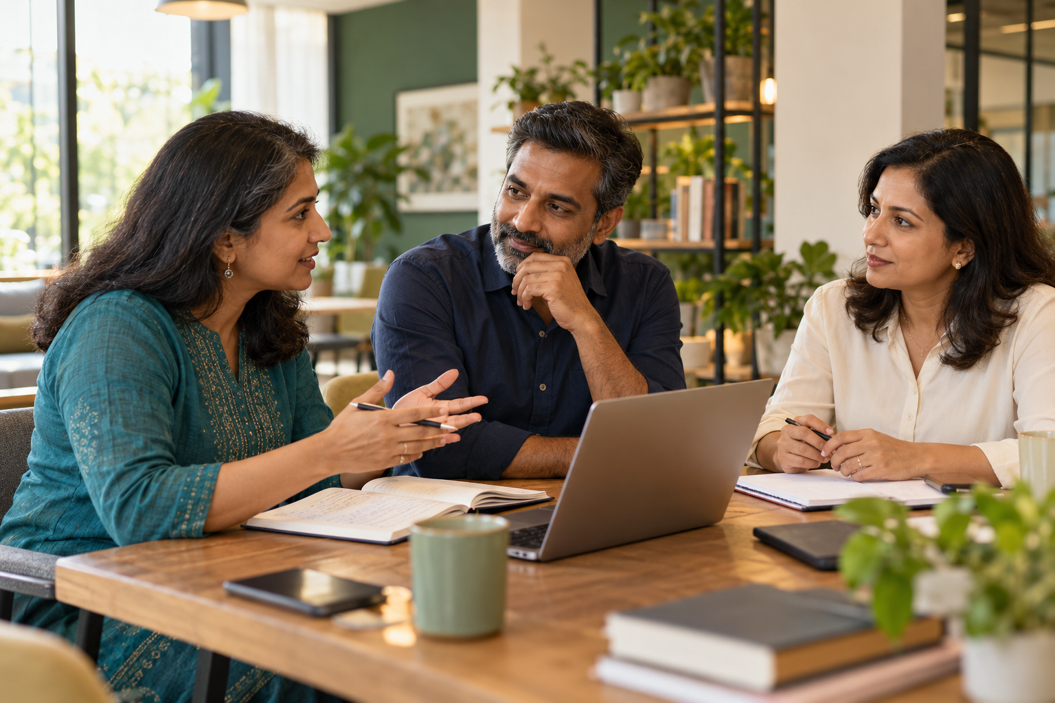Fictional Indian peers sharing professional ideas